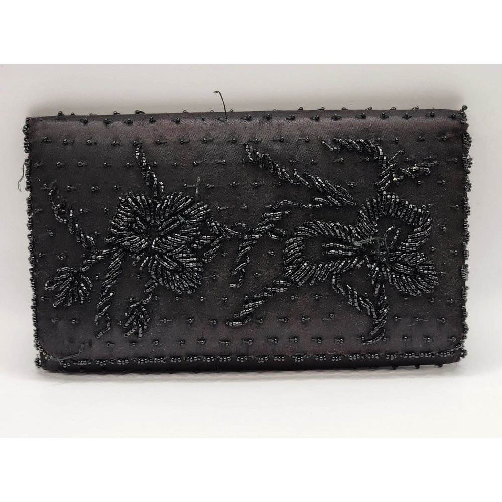 Rare Vintage Hong Kong Thalhimers Black Beaded Clutch Bag Satin Snap Closure
